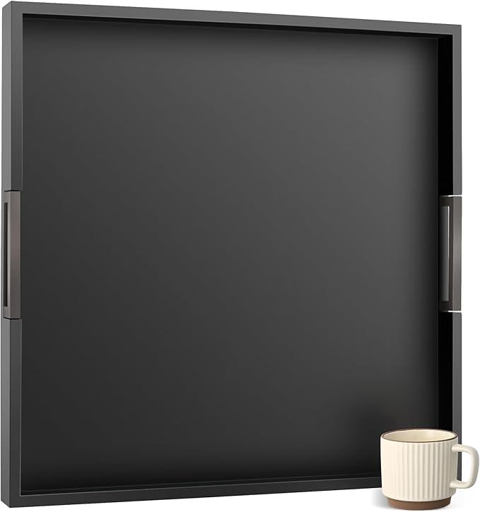 Joy&Grace Large Square Ottoman Tray for Living Room and Coffee Table 22 Inch Decorative Acacia Wood Serving Tray with Handles for Breakfast in Bed, Dinner Food Kitchen TV (Black, 22" x 22" x 2")