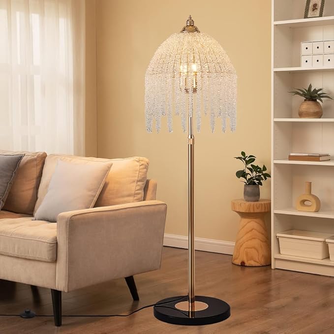 Vintage Style Floor Standing Lamp, Waterfall Design with Grape-Shaped Tall Gold Pole Light, Modern Dimmable Crystals Standing Lamps (Gold + Iron-6)
