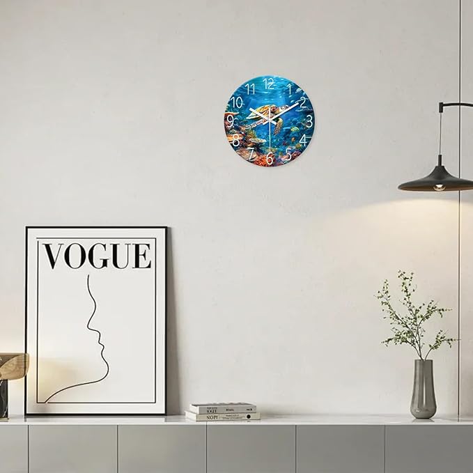 XNM Blue Sea Turtle Glass Clocks for Living Room Decor Ocean Large Wall Clocks Battery Operated 16 Inch Silent Wall Clock Modern
