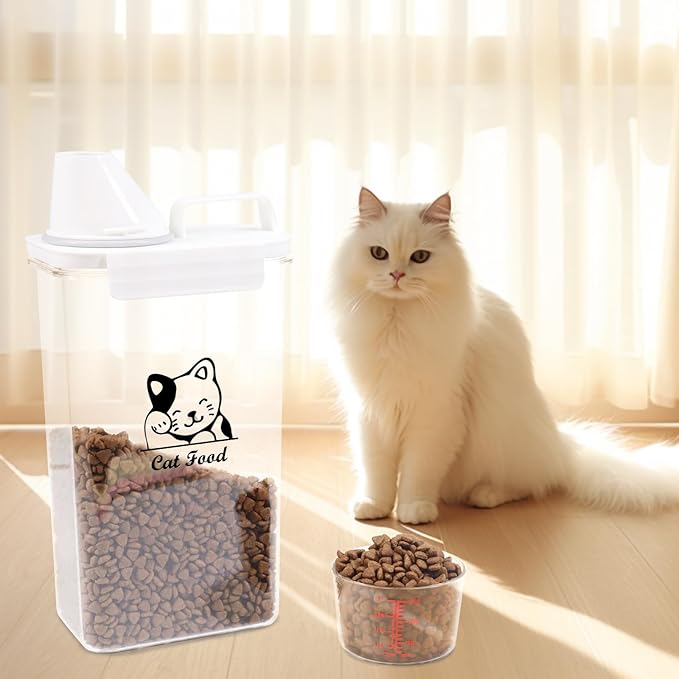 Cat Food Container 2.5L Clear Plastic Cat Food Storage 3 lbs Cat Food Portable Container with Pour Spout/Measuring Cup,Airtight Pet Food Dispenser Ideal for Travel,Camping,Picnic-BPA Free