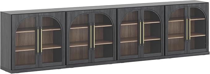 BELLEZE Set of 4 Modular Sideboard with Arched Glass Door, Accent Display Buffet Cabinet with Storage and Adjustable Shelves,Classic Modern Credenza for Dining Room Living Room Entryway (Ebony)