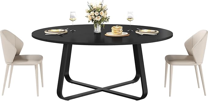LVB Black Round Dining Table for 6 to 8, 60” Modern Wood Metal Kitchen Table, Industrial Large Dinner Room Table, Circle Dining Table for Home Gathering Living Room