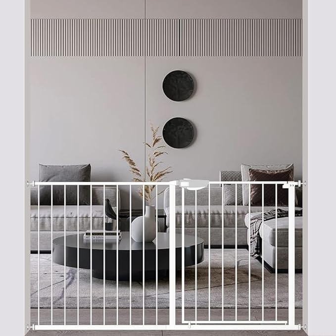 WAOWAO Triple Lock Baby Gate Extra Wide 53.93-57.87" Pressure Mounted Walk Through Swing Auto Close Safety White Metal Dog Pet Puppy Cat for Stairs,Doorways,Kitchen