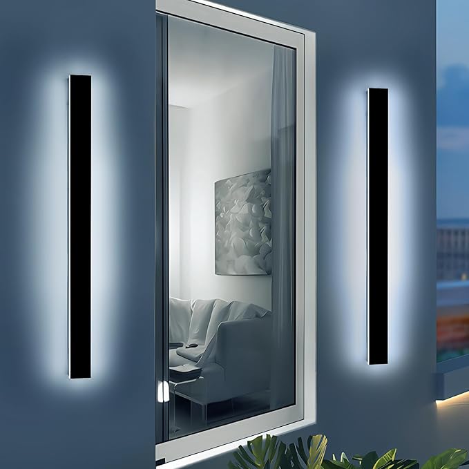 2 Pack 57inch Modern Outdoor Wall Lights, Long Strip Exterior LED Wall Sconce, 6000K Cold White, IP65 Waterproof, 50W, Black Outside Lighting Fixture for Porch, Garden, Fence, Balcony