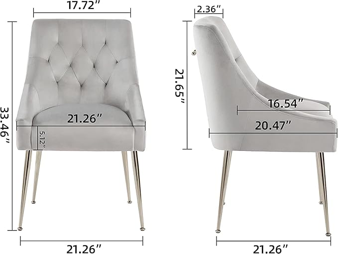 Modern Dining Chairs Set of 4, Mid Century Dining Chairs with 5.12” Cushions and Golden Legs, Velvet Upholstered Chairs with Back Pull Rod, for Kitchen, Living Room, Grey