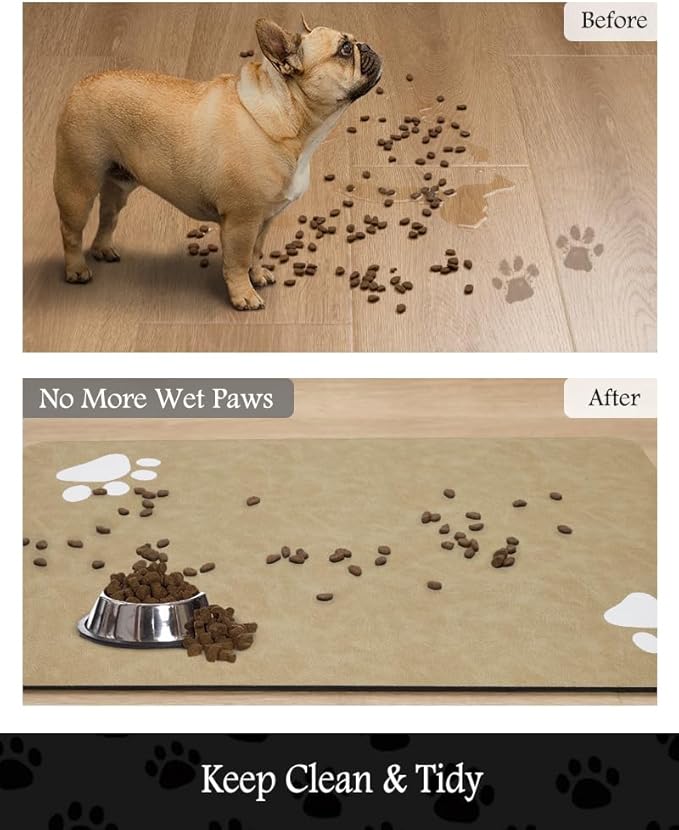 Pet Feeding Mat-Absorbent Dog Mat for Food and Water Bowl-No Stains Quick Dry Water Dispenser Mat-Dog Accessories Pet Supplies-Bowl for Messy Drinkers(Beige,12"x19"