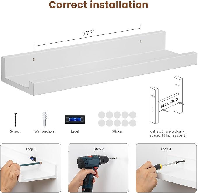 Heimlove Floating Shelves Set of 6, 16" Wall Mounted Picture Ledge, Display Shelf Organizer for Decor Storage, Wall Mounted Shelves for Living Room, Bedroom, Bathroom, Kitchen (White)