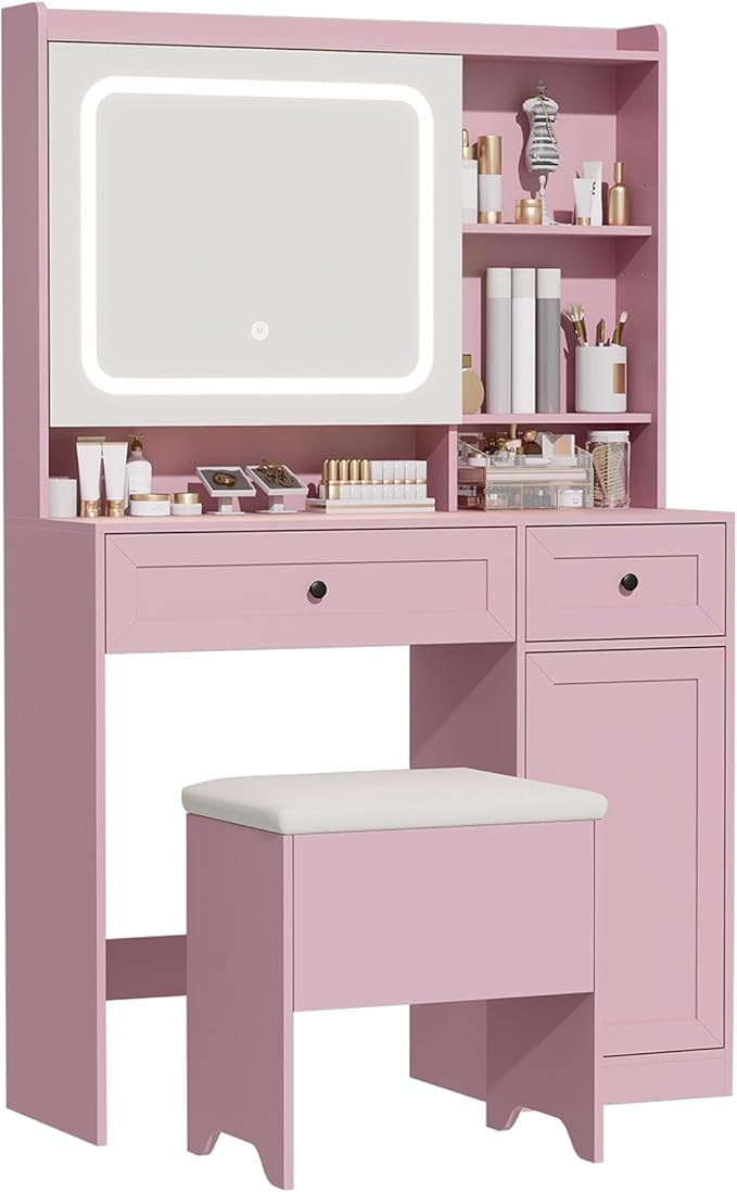 Vanity Table with Hidden Storage & LED Mirror - Includes Padded Stool, 5 Compartments, 2 Drawers & 1 Storage Cabinet - Ideal Bedroom Makeup Dressing Table Pink