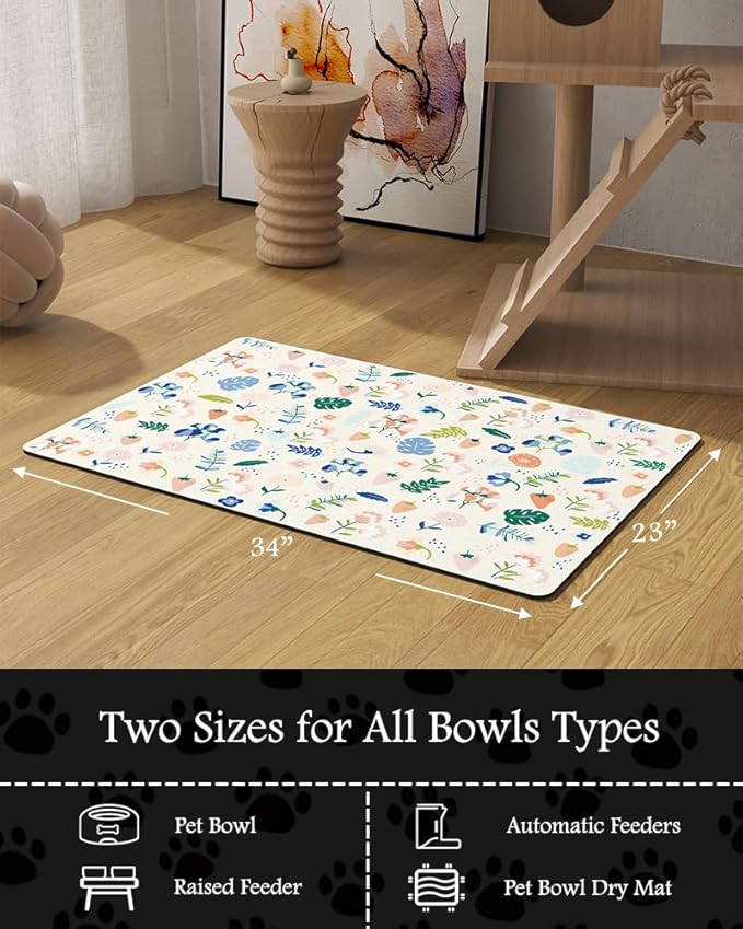 Pet Feeding Mat-Absorbent Dog Mat for Food and Water Bowl-No Stains Quick Dry Water Dispenser Mat-Dog Accessories Pet Supplies-Bowl for Messy Drinkers(LIGHTFLOWERS,23"x34"