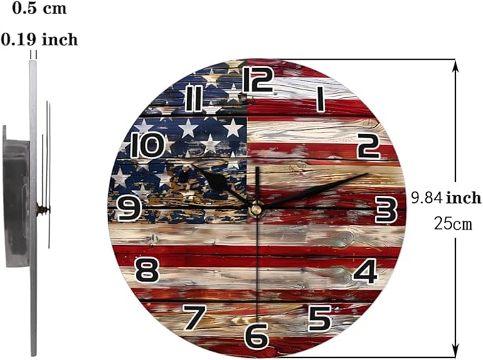 Old Wooden American Flag Wall Clock Battery Operated 10 in Round Wall Clocks Slilent Non Ticking Quartz Analog Clock for Bedroom Kids Living Room Classroom Decor