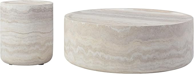 Round Coffee Table Set of 2 for Living Room Modern Drum Center Table Circle Side Tables for Apartment, No Need Assembly (Fiberglass 35.43" &15.74")