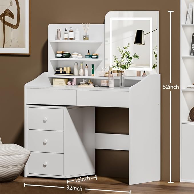 White Makeup Vanity Desk with LED Mirror & Movable Storage Cabinet, 3-Tier Open Shelves, 5 Drawers, Adjustable 3-Color Lighting for Bedroom