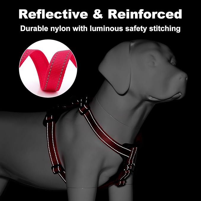 Plutus Pet Adjustable No Pull Dog Harness with Leather Accents, Heavy Duty Reflective Nylon Vest for Training, Hiking, Easy Walk Harness for Small, Medium, Large Dogs (Red, L)