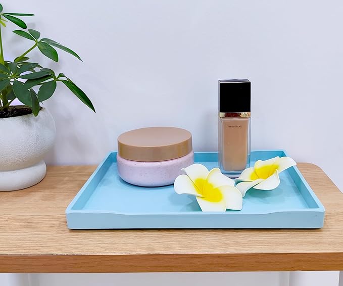 Blue Small Serving Tray (9.5 x 7 inch), Countertop Organizer for Bathtub Bathroom Vanity Items, Serving Accessory, Coffee, Drinks, Tea, Party, Spa, Perfume and Display Use.