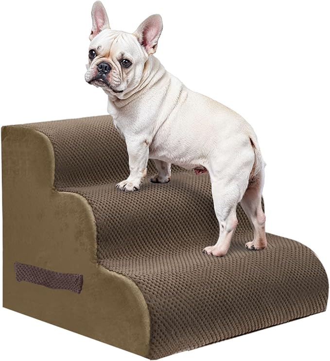 PAWSCART Dog Stairs for Small Pets, 17.7" H with 30D Material Soft Foam, Portable Ramp Non-Slip Surface Non-Slip for Couch and High Bed Climbing, 3-Step Stairs for Cat or Dog, Brown