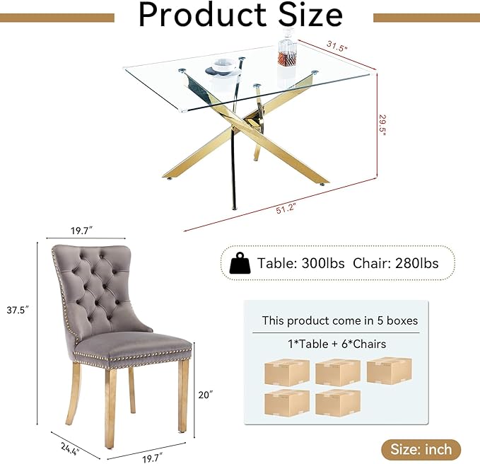 Goujxcy 51" Glass Dining Table Set for 6, Modern Kitchen Table and Chairs Set w/Steel Legs, 7-Piece Dining Table Set w/Glass Gold Dining Table and 6 Grey Velvet Chairs for Kitchen Dining Room