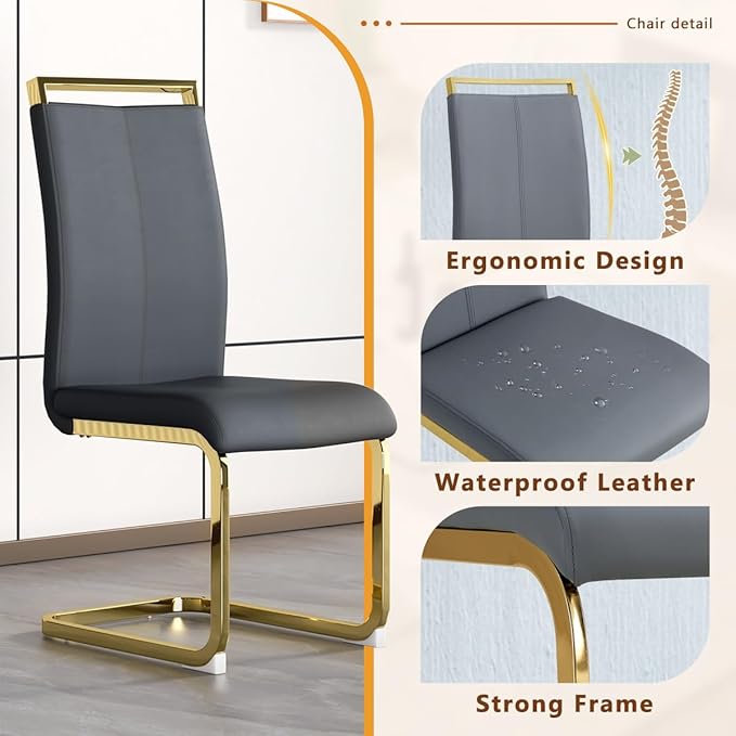 gopop 63'' Glass Dining Table Set for 6, Modern Kitchen & Dining Room Set, Rectangular Table with Clear Glass Top, Black Legs, Gold Metal Base, 6 PU Leather Chairs, Easy Assembly