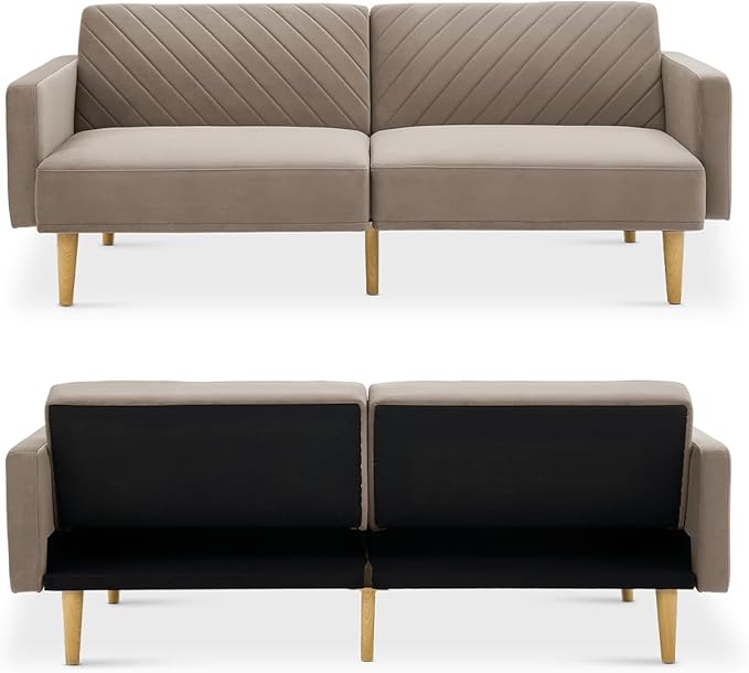 mopio 76.4" Futon Sofa Bed, Couch, Loveseat, Sleeper Sofa, Mid Century Modern Futon Couch, Sofa Cama, Couches for Living Room (Mocha Brown Premium Velvet)