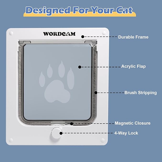 Wordcam Large Cat Door(Outer Size 10.7'' x 9.5''), Robust Cat Door for Interior Exterior Doors, Cat Flap Door with 4 Way Lock, Pet Door for Cats Kitty Kittens Doggies (White, L)