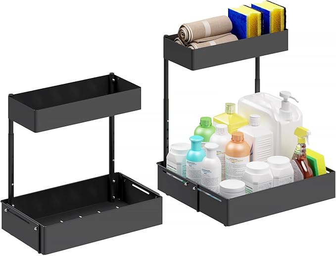 2Packs Under Sink Organizer with Adjustable Height and Width, Under Cabinet Organizer to Tidy, Sturdy Metal Design for Kitchen and Bathroom