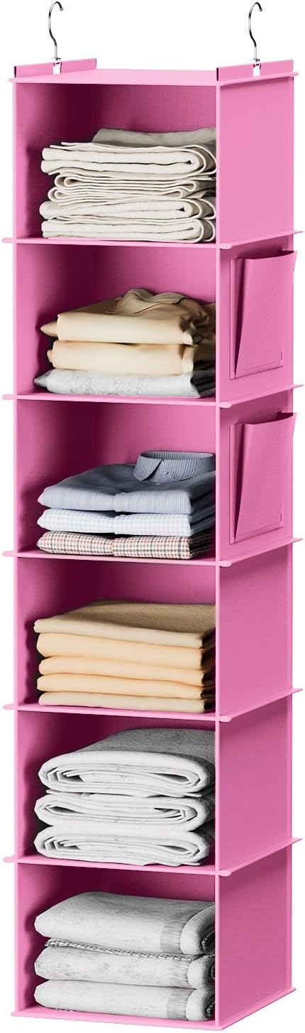 YOUDENOVA Hanging Closet Organizer and Storage, 6-Shelf Closet Hanging Storage Shelves, Light Pink