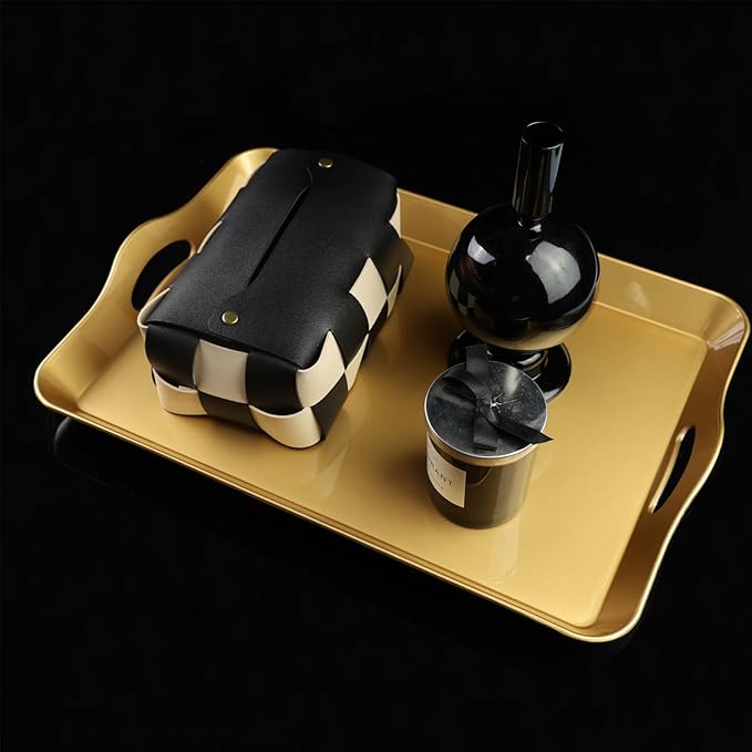 Gold Decorative Tray for Coffee Table with Handles, Plastic Rectangular Serving Tray for Living Room, Bathroom, Outdoors, 11.8"*17.3"