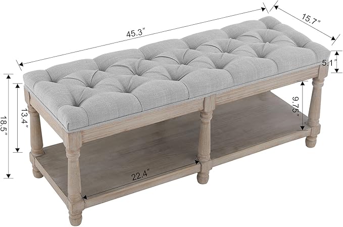 Mid Century Tufted Storage Bench with Shelf, Linen Upholstered Farmhouse Entryway Shoe Bench Ottoman Bed End Stool with Padded Seat, Rustic Bench for Bedroom Living Room Dining Room, Grey