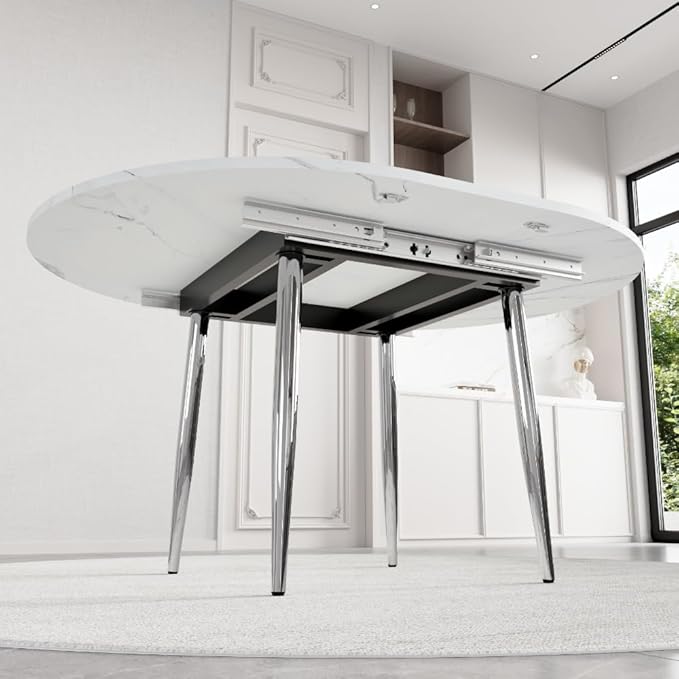 FURNITO 42"-54" Extendable Round Dining Table for 4–6, White Faux Marble & Wood Grain Top with Silver Metal Legs, Contemporary Oval Kitchen Table, Space-Saving Dining Room Table, Easy Assembly