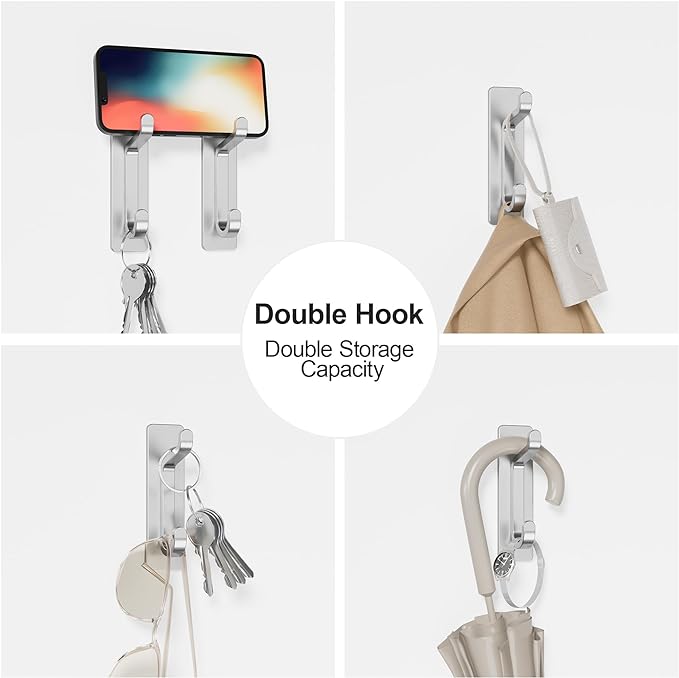 pickpiff Wall Hooks for Coat and Towel: 13LB Adhesive Door Hanger Stick on, Silver 4 Pack