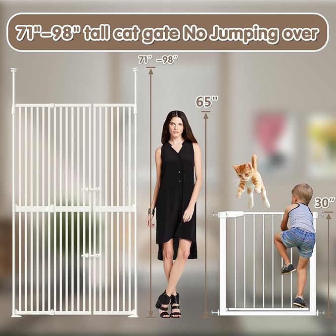 71" Extra Tall Cat Pet Gate, 33.5-47.2 in Wide High Dog Gates for Doorways No Climbing, Kitten Proof Full Door Barrier, Auto Close Large Walk Thru Puppy Gate Pressure Mounted, Indoor White
