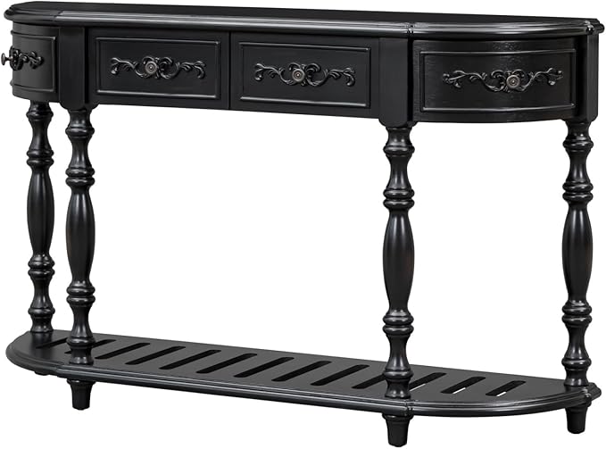 HMFULE Retro Curved Console Table, 52" Solid Wood Half Moon Console Table Sofa Table with 4 Drawers 1 Open Shelf for Living Room,Entryway,Hallway,Black