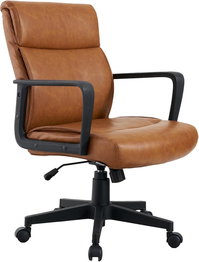 Artswish Leather Office Chair Brown Desk Chair with Wheels Arms, Mid Back Leather Executive Computer Chair Mid Century Chairs for Home Office