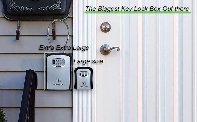 Iron Lock® Key Lock Box Portable with Cable Shackle & Wall Mount – Waterproof Heavy Duty Metal Lock Box for Keys with 4-Digit Combination Code on Door Knob, Fence, Pipe or Gate (Grey, XXL)