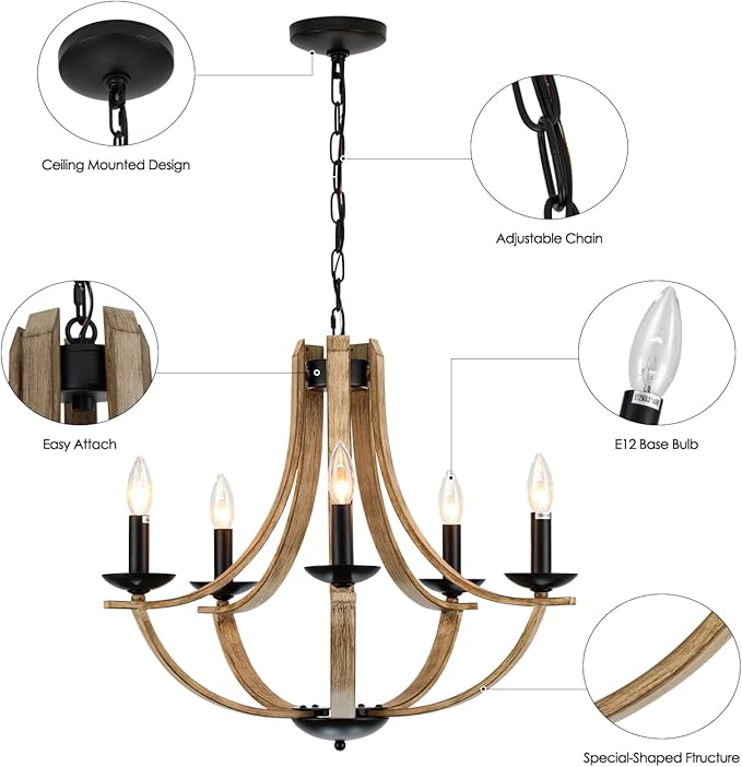 Farmhouse Chandeliers for Dining Room Light Fixture, 5-Light 24 inch Faux Wood Texture Hanging Lighting Fixtures, Rustic Candle Chandeliers for Living Room Kitchen Island Foyer Entryway