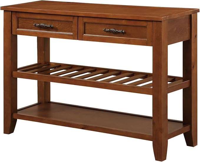 KEIKI 42”L Pine Solid Wood Entryway Console Table with 2 Storage Drawers, Mid-Century Retro Behind Couch Sofa Table with 2 Tiers Open Shelf for Hallway, Entrance, Entry Way, Living Room, Foyer