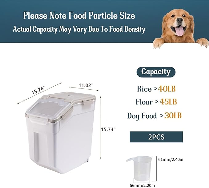 50 lbs Flour Storage Container, 2 Pack Rice Storage Container with Measuring Cup & Scoop, Pet Food Storage Container Dog Cat Food Bin, Grey