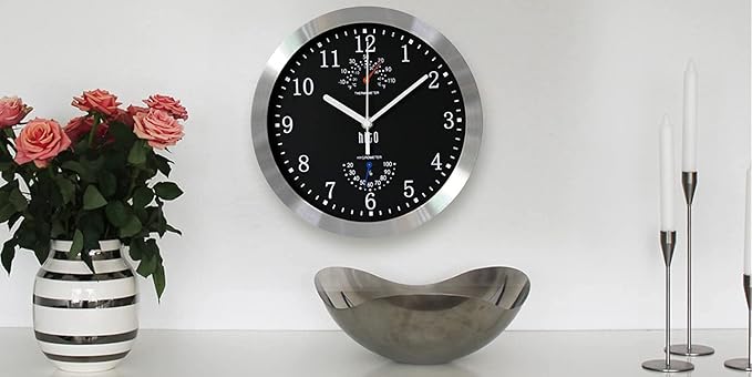 HITO 10 Inch Silent Wall Clock Battery Operated Non Ticking Glass Cover Silver Aluminum Frame, for Kitchen, Bedroom, Home Office, Living Room Decor (Black)