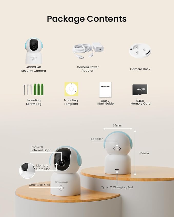 4K Indoor Security Camera with 64GB Memory Card, 5GHz/2.4GHz WiFi Camera, 360° Pan/Tilt IP Camera, Auto Tracking, AI Human/Face/Pet Detection, Night Vision, 2-Way Audio, One-Touch Call