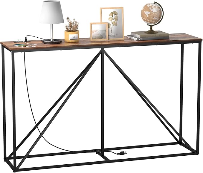 Console Table, 51" W × 12" D × 31.5" H Sofa Table Behind Couch, Entryway Table with Electrical Outlet & USB Ports, Industrial Pyramid Metal Base Console Table for Entryway, Rustic Brown