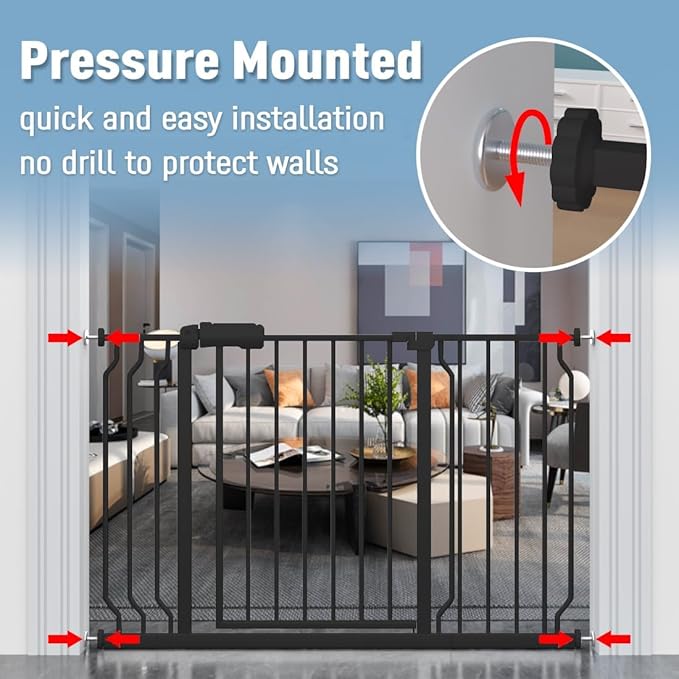 ALLAIBB Extra Wide Pressure Mount Baby Gate Auto Close Black Metal Child Dog Pet Safety Gates with Walk Through for Stairs,Doorways,Kitchen and Living Room (71.65-85.03"/182-218cm)