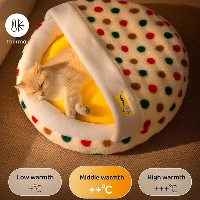 Plush Cat Bed for Indoor Cats,Calming Cozy Cave with Self-Warming,Cat Cave Pet Sleeping Bag for Puppy and Kitty,Shell Shaped Washable Pet Bed for Small Cats & Dogs (Yellow,L-27 x 27 x 4 in)