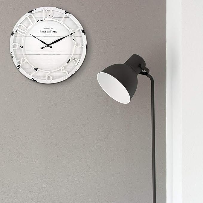 Presentime & Co 13" Farmhouse Series Wall Clock, Quartz Movement, Shiplap Style, Raised 3D Arabic Numeral, Antique Distressed White