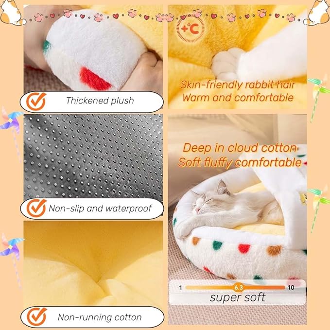 Plush Cat Bed for Indoor Cats,Calming Cozy Cave with Self-Warming,Cat Cave Pet Sleeping Bag for Puppy and Kitty,Shell Shaped Washable Pet Bed for Small Cats & Dogs (Yellow,L-27 x 27 x 4 in)