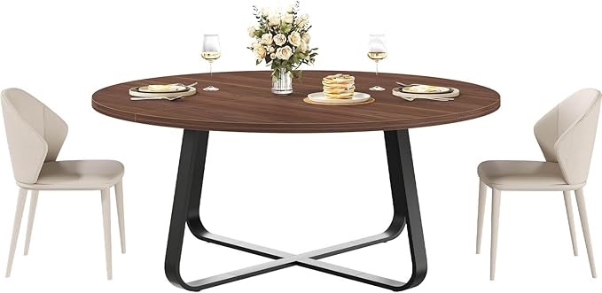 LVB 60-Inch Round Dining Table, Modern Wood Metal Kitchen Tables, Industrial Large Dinner Room Table for 6 to 8, Circle Dining Room Tables for Home Kitchen Living Room, Walnut