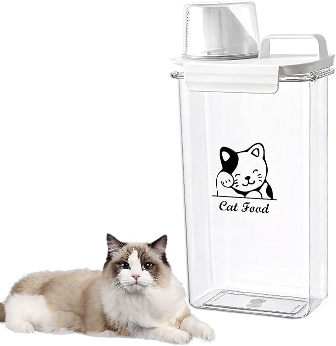 Cat Food Container 2.5L Clear Plastic Cat Food Storage 3 lbs Cat Food Portable Container with Pour Spout/Measuring Cup,Airtight Pet Food Dispenser Ideal for Travel,Camping,Picnic-BPA Free