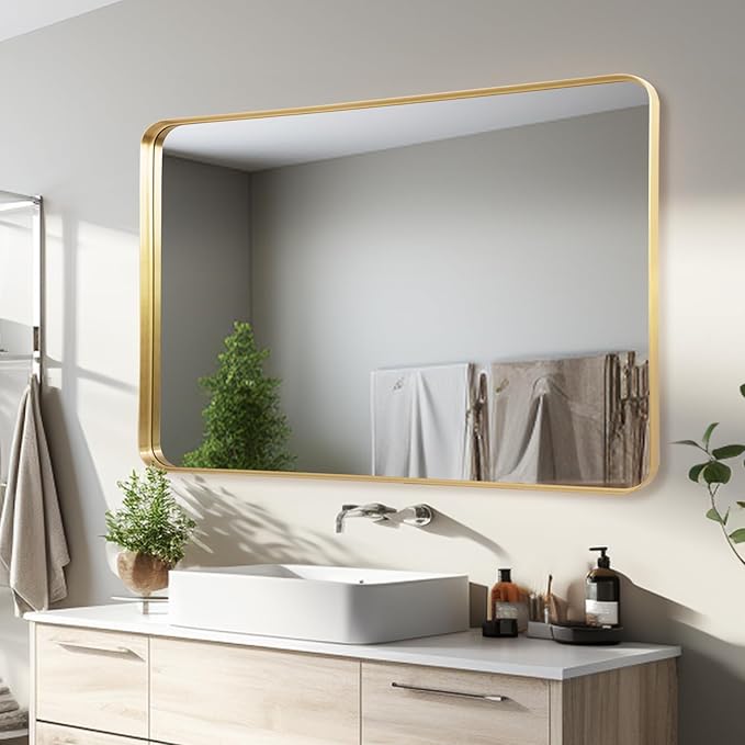 Wall Mirror 30" x 40" for Bathroom Gold Metal Deep Frame Rectangular Round Corner Wall Mounted Vanity Mirror for Bedroom Living Room Entryway Wall Decor
