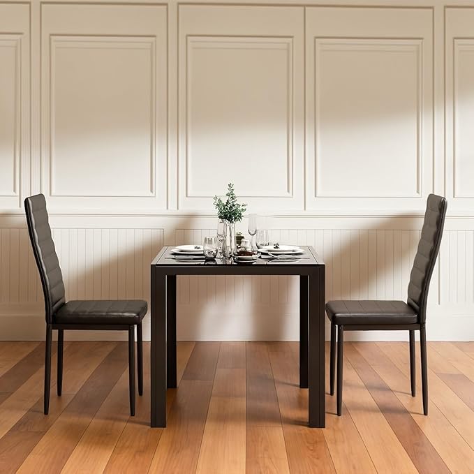 Gizoon 3 Piece Glass Dining Table Set, Kitchen and Chairs for 2, PU Leather Modern Room Sets for Home, Kitchen, Living Room