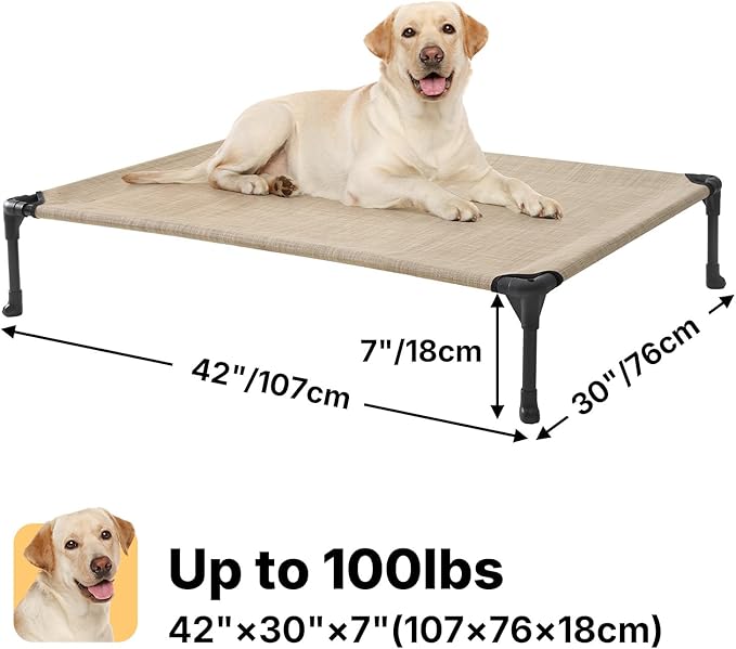 Veehoo Outdoor Elevated Dog Cot Bed, Cooling Raised Pet Bed for Large Dogs, Washable Breathable Mesh Hammock Bed with No-Slip Feet, Indestructible Ground Off Training Platform Cot-42"x30" Beige Coffee
