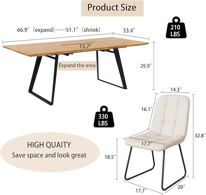 ZckyCine 67" Expandable Dining Table Set with Chairs – Modern Rectangular Wooden Table, Space-Saving Multifunctional Furniture for Kitchen, Apartment, or Small Dining Room