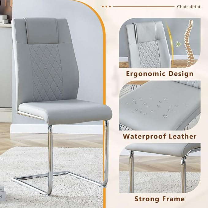 63'' Glass Dining Table Set for 4, Kitchen Table Chairs Set of 4, Clear Glass Dining Table with White unique design Leg and Silver Metal Base, 4 PU Dining Chairs with Metal Legs, Living Room, Kitchen.